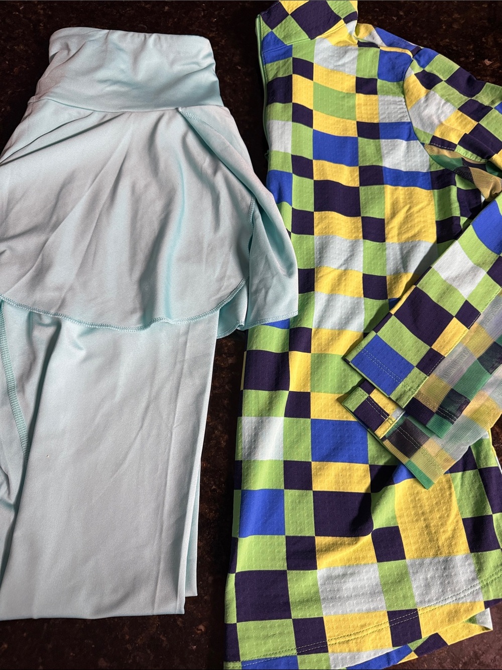 Tennis Light Aqua Skirted Leggings with Multicolor Checker Swim Top long sleeve